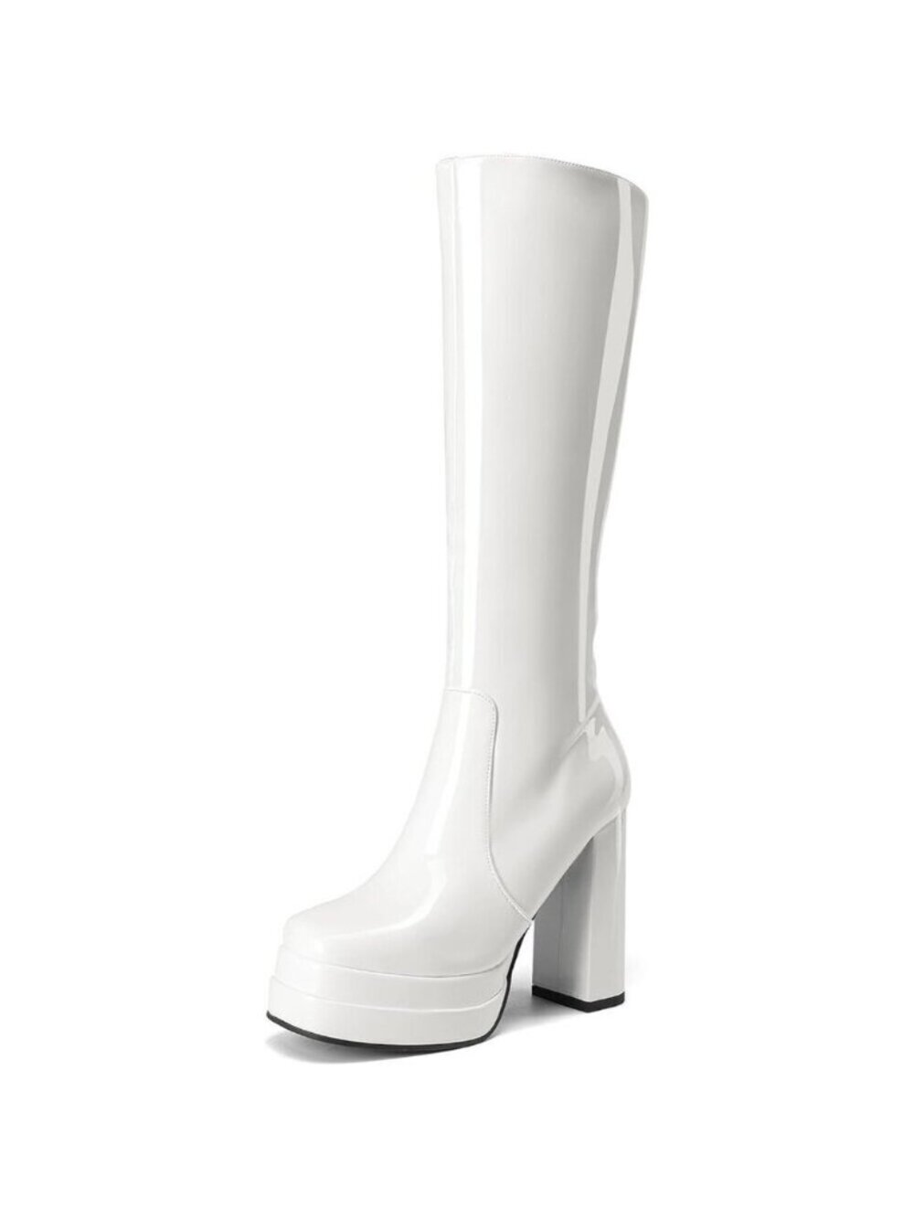 Women's White Platform Heeled Knee High Boots Long Chunky Tall Gogo Boots